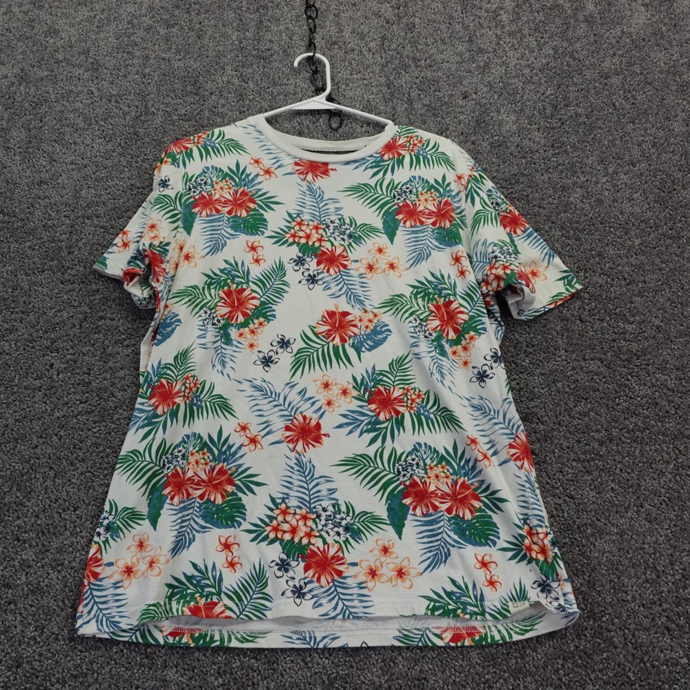 Free Planet T Shirt Mens Large White Floral Tropical Hibiscus Palm Leaf Cotton